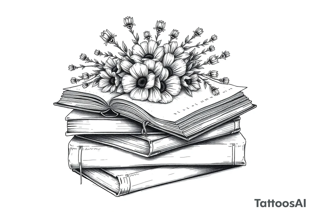 stack of 3 vintage books top book open with bouquet of wild
flowers coming out of it tattoo idea