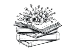 stack of 3 vintage books top book open with bouquet of wild 
flowers coming out of it tattoo idea