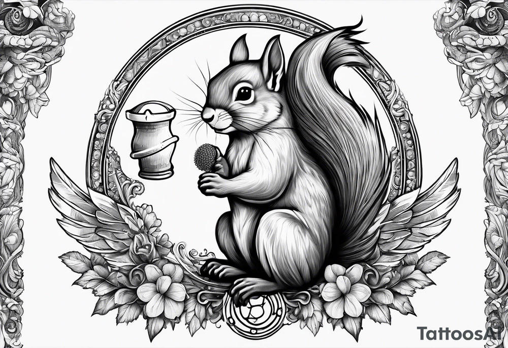 Squirrel with angel wings holding a nut tattoo idea