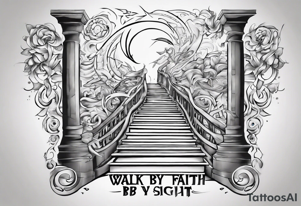 “walk by faith, not by sight” stairwell wrapping around the quote. This design captures the essence of the journey guided by faith. tattoo idea