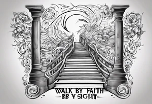“walk by faith, not by sight” stairwell wrapping around the quote. This design captures the essence of the journey guided by faith. tattoo idea