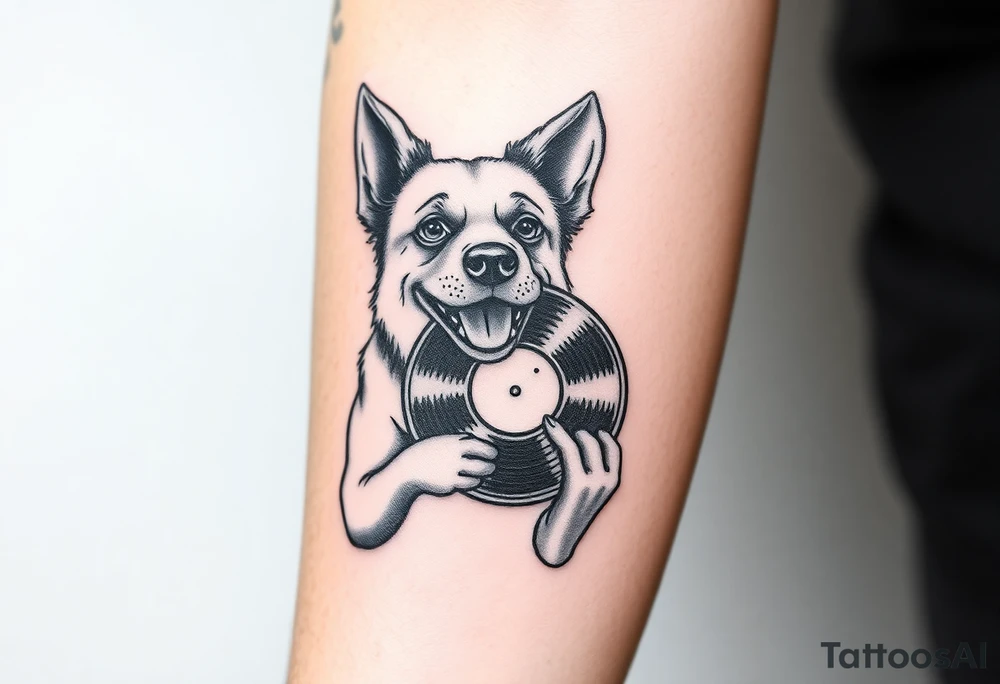 happy dog holding a vinyl record tattoo idea