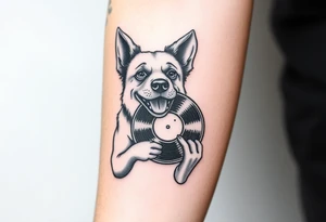 happy dog holding a vinyl record tattoo idea