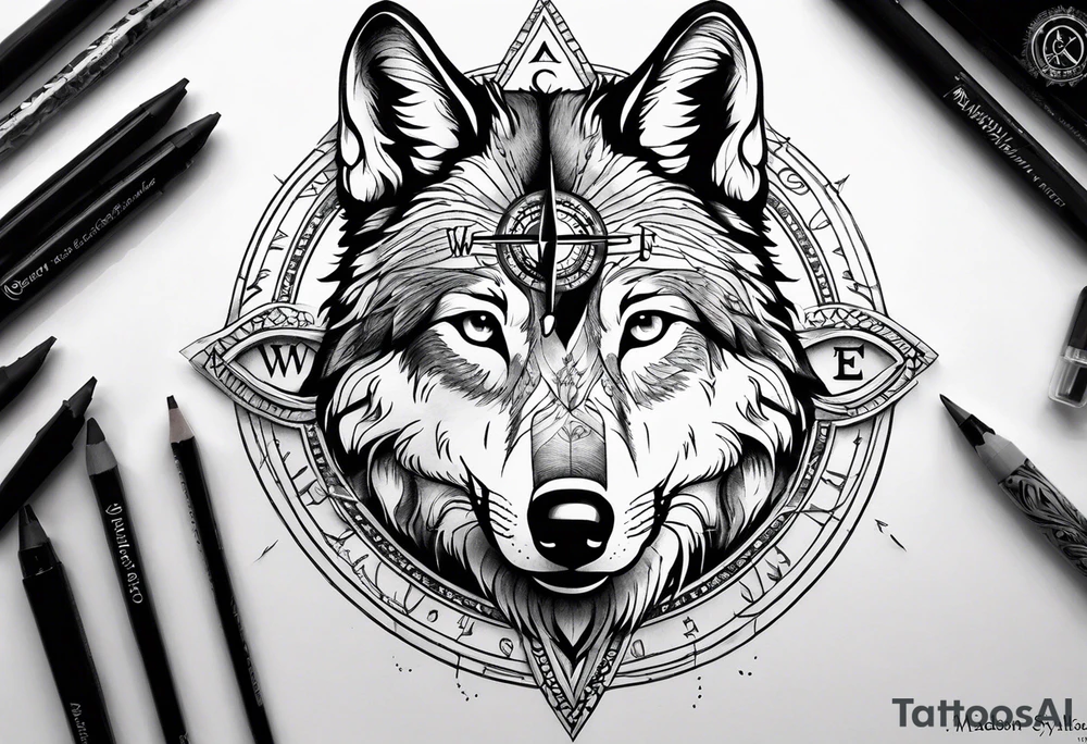 Wolf face with compass and my daughters name Madison tattoo idea