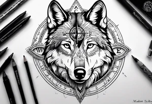 Wolf face with compass and my daughters name Madison tattoo idea