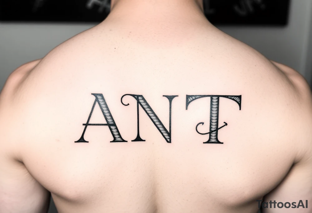 Fine line letters A,N & T connected together overlapping lines tattoo idea