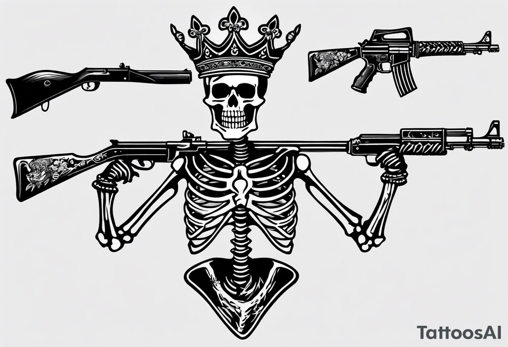 image of a skeleton standing frontally with a crown on his head, holding an AK-47 on his shoulder with his right hand. The chain on the left should be taut, there are three angry barking Dobermans in it, near the waist tattoo idea