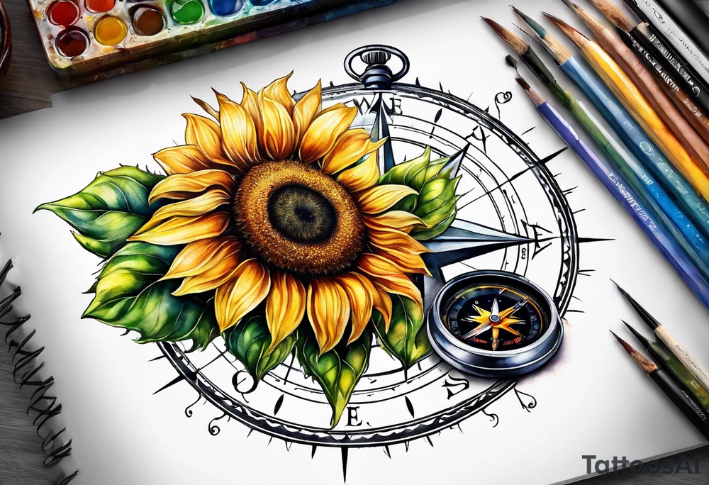 Sunflower next to a compass tattoo idea