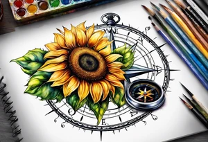 Sunflower next to a compass tattoo idea