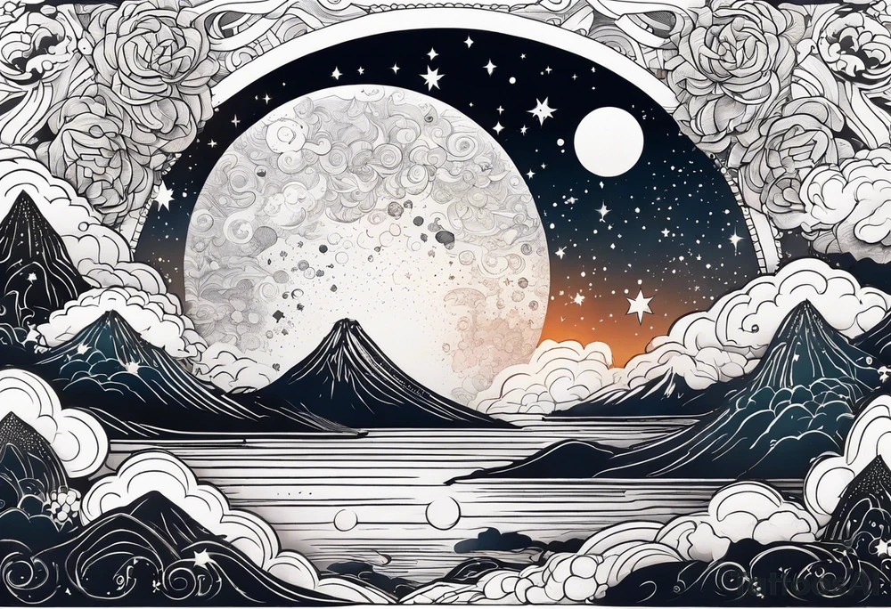 Celestial Galaxy scene with beautiful details of gas stars and space tattoo idea