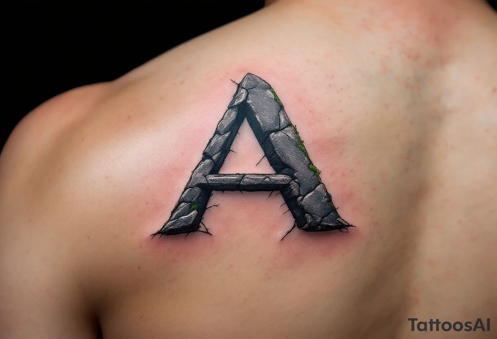 A cracked stone "A" in granite gray with mossy green details. tattoo idea