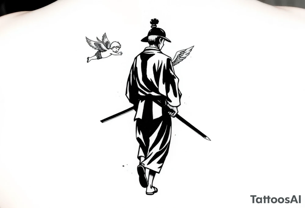 "Blackwork tattoo sketch of a lone samurai walking forward, shown in dramatic silhouette style. The samurai wears traditional kimono and hakama, holding a katana in one hand with the blade pointing downward. Behind him floats a small child angel with detailed feathered wings, gently touching the samurai’s back with one hand, as if stopping or guiding him. Strong contrast, dynamic ink splatter, rough brush strokes, Japanese sumi-e vibe, emotional and symbolic composition, high detail linework, no background." tattoo idea
