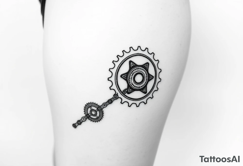 A large bicycle cog on my hip connected to a smaller bicycle cog on my knee via a bicycle chain and a smaller bicycle cog on my ankle connected to the bicycle cog on my knee using another bicycle chain tattoo idea