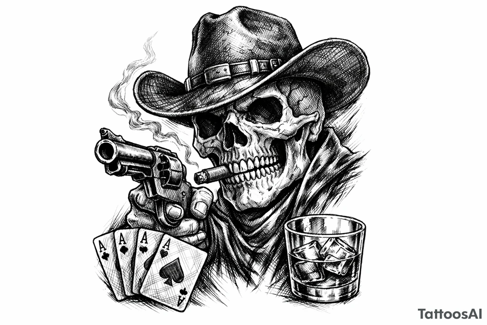 skull with cowboy-hat, cigar in his mouth, a gun in a hand, playing cards, whiskey-glass. tattoo idea