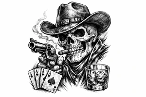 skull with cowboy-hat, cigar in his mouth, a gun in a hand, playing cards, whiskey-glass. tattoo idea