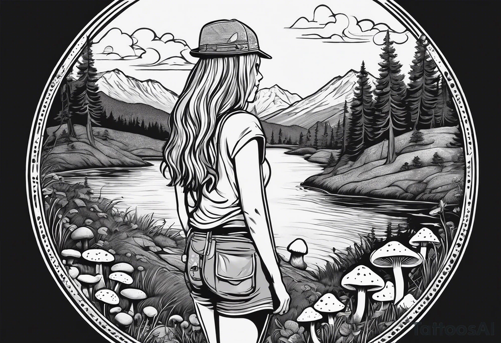 Whole picture encircled fully

Straight long blonde hair hippie girl in distance holding mushrooms in hand facing away toward mountains and creek surrounded by mushrooms tee shirt and hiking pants; whole rendering within a full circle, no cut off circle tattoo idea