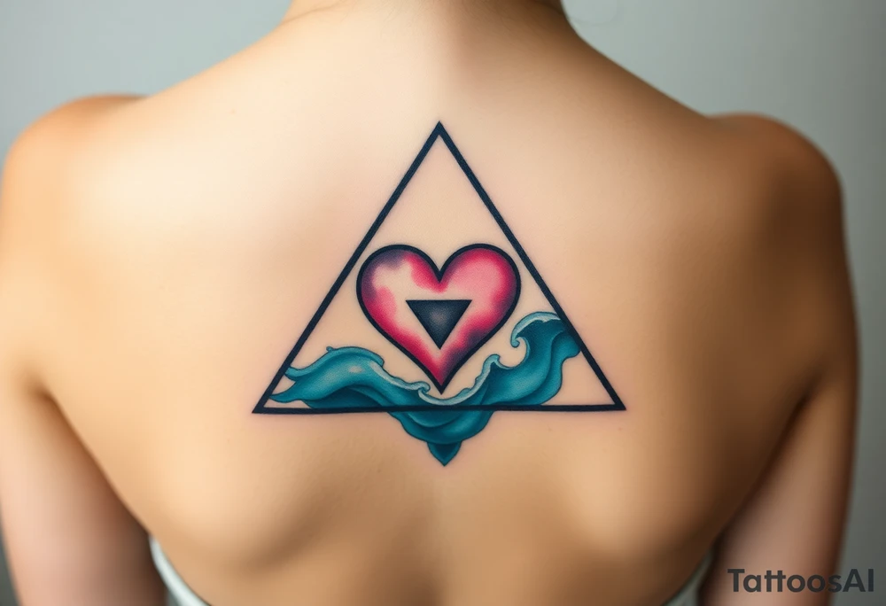 A triangle with a big heart in the center with an ocean theme tattoo idea