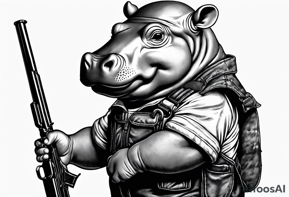 Baby hippo wearing overalls and holding a shotgun tattoo idea