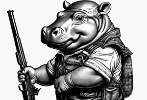 Baby hippo wearing overalls and holding a shotgun tattoo idea