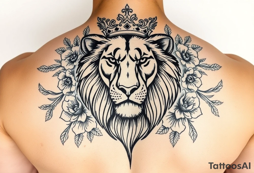 powerful majestic lion with a crown, surrounded by floral ornaments and birds tattoo idea