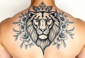 powerful majestic lion with a crown, surrounded by floral ornaments and birds tattoo idea