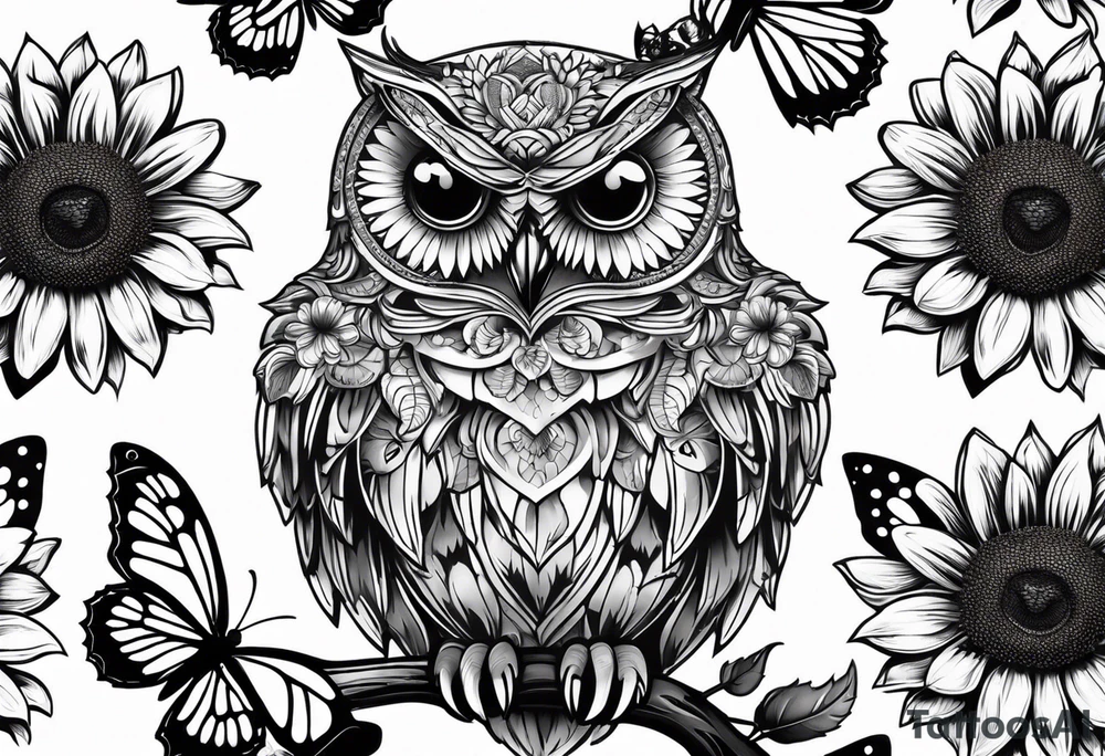 Owl, sunflower with a butterfly tattoo idea