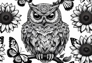 Owl, sunflower with a butterfly tattoo idea