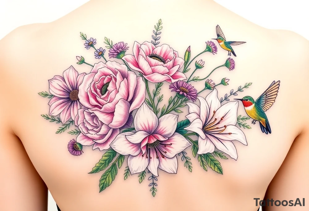 Bouquet of flowers With pastel carnation, Aster, rose, Lily, two Larkspur,  narciussus, And two little hummingbirds. tattoo idea