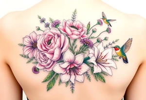 Bouquet of flowers With pastel carnation, Aster, rose, Lily, two Larkspur,  narciussus, And two little hummingbirds. tattoo idea