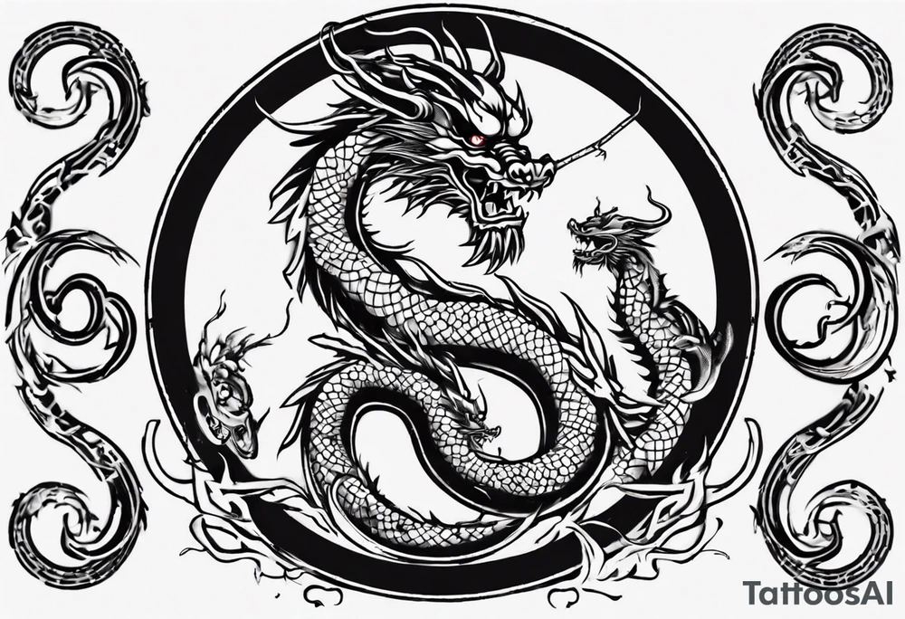 Chinese dragon in a circular shape with "02.03" written on its skin tattoo idea