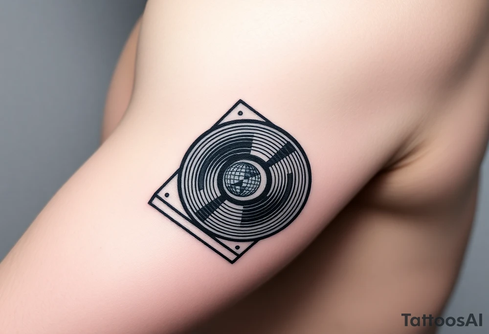 vinyl record player with a smaller disco ball to the side of it tattoo idea