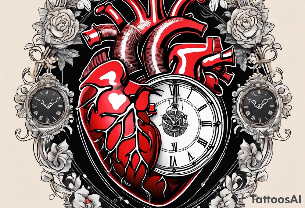 anatomical heart with clock in middle.
Clock hands on 8 and 5.
Never Say Never written on tattoo tattoo idea