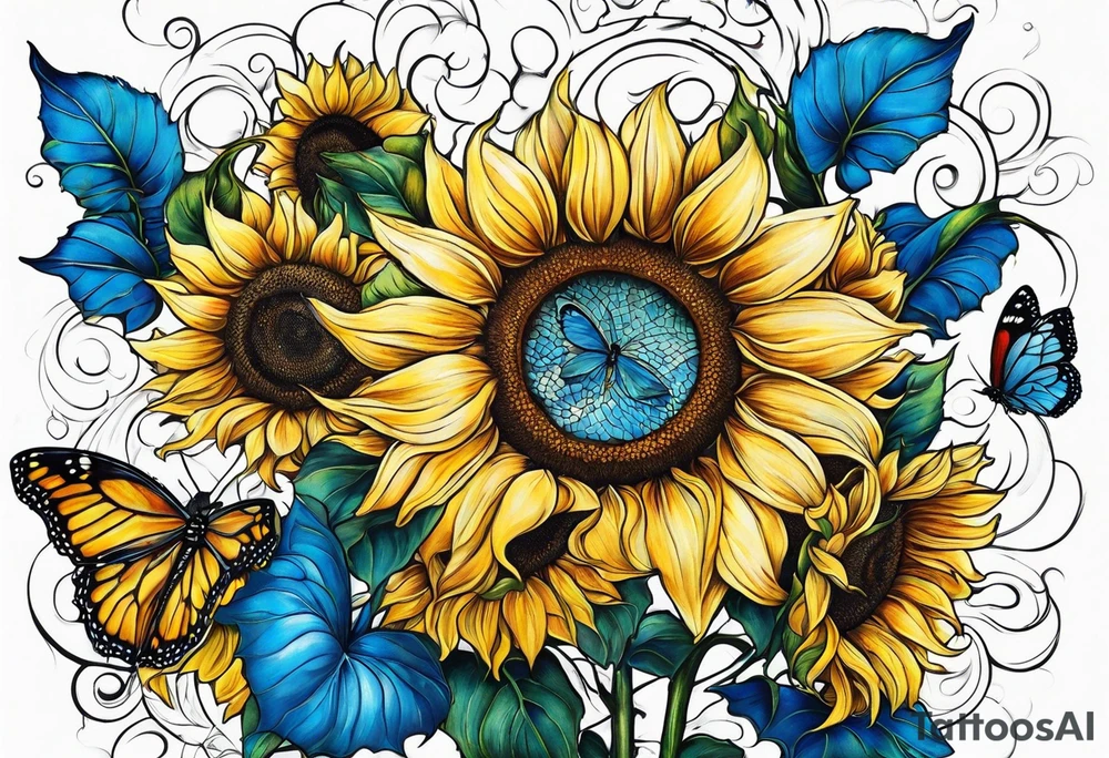 Sunflowers, full moon, blue morpho butterflies cross tattoo idea