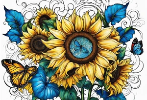 Sunflowers, full moon, blue morpho butterflies cross tattoo idea