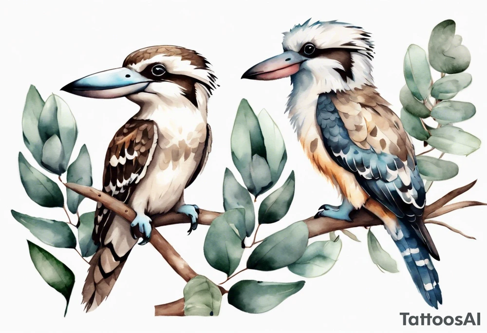 A kookaburra with a koala sitting on wattle and eucalyptus leaves tattoo idea