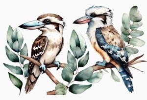 A kookaburra with a koala sitting on wattle and eucalyptus leaves tattoo idea