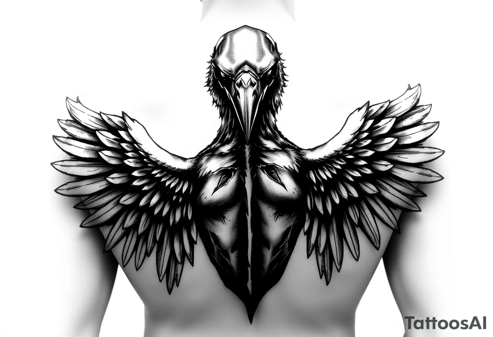 Create a detailed upper back tattoo design featuring a central figure with a crow head facing forward, a human body, and two symmetrical angel wings extending outward. . Use a grayscale style with intricate shading, ensuring a balanced and bold composition. Avoid side profiles for the crow head, keeping it directly forward tattoo idea