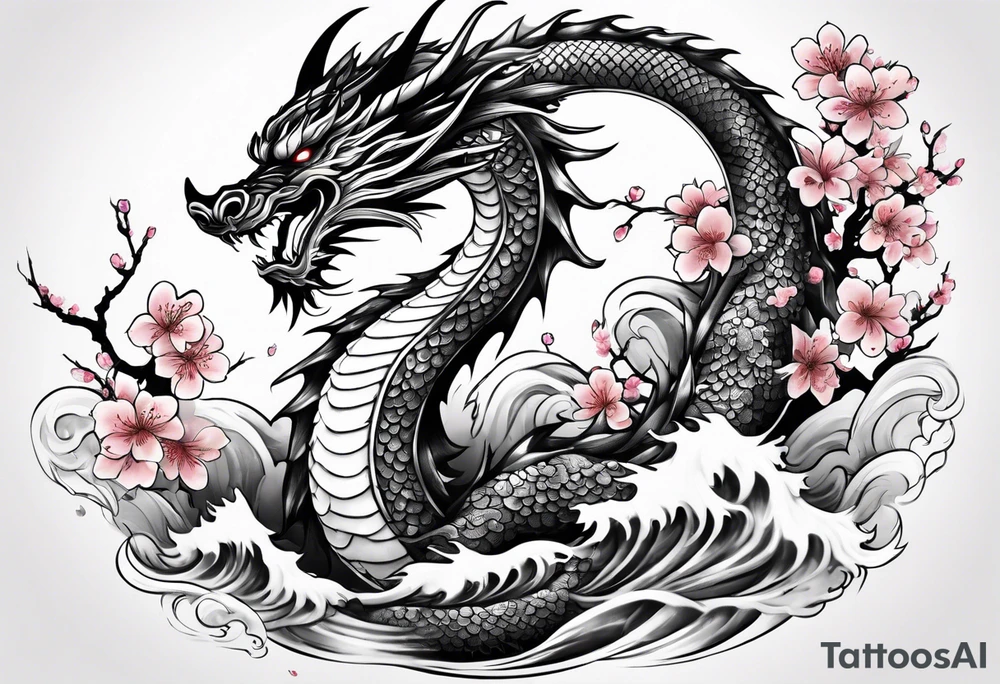 Majestic dragon in waves and cherry blossoms tattoo idea