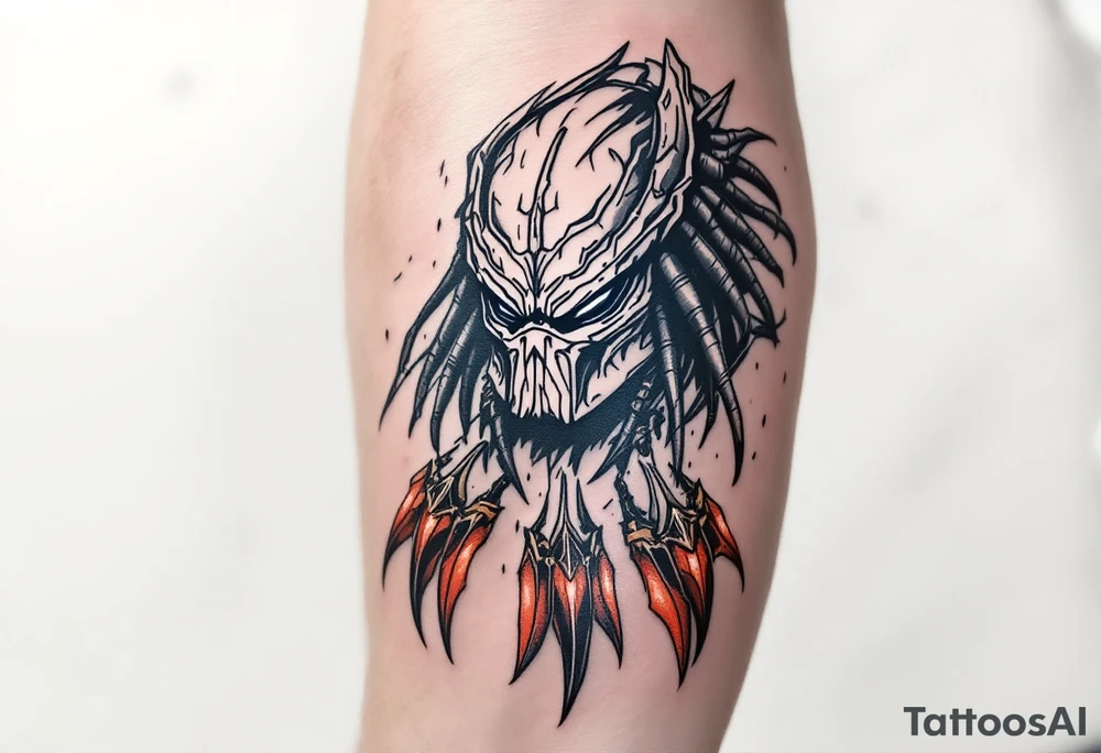 Super Predator Gladiator – A Yautja engineered for arena combat, with reinforced, plate-like exoskeleton skin, heavier war armor, and trophy blades fused into its gauntlets. Its mask resembles a demonic beast from Yautja mythology. tattoo idea