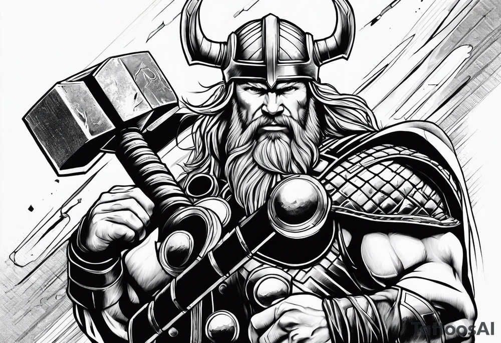 Thor mit Hammer in Aktion als Tattoo auf der Brust tattoo idea