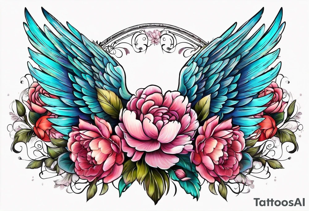 beautiful angel wings with floral peonies, roses, neon, brightly colored. highly detailed, tattoo idea