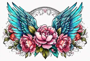 beautiful angel wings with floral peonies, roses, neon, brightly colored. highly detailed, tattoo idea