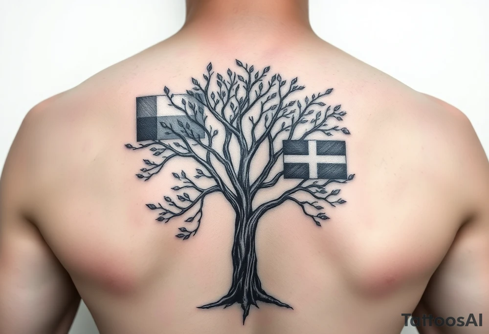 Tree with leaves that are country flags from Prussia,  Ireland, wales, scotland, England, and catawba tribe tattoo idea