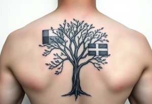 Tree with leaves that are country flags from Prussia,  Ireland, wales, scotland, England, and catawba tribe tattoo idea