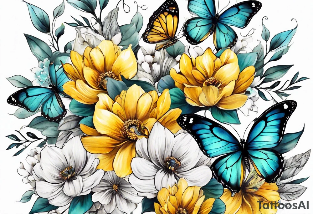 Sleeve with yellow and aqua flowers and butterflies tattoo idea