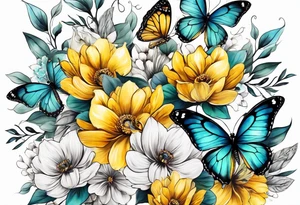 Sleeve with yellow and aqua flowers and butterflies tattoo idea