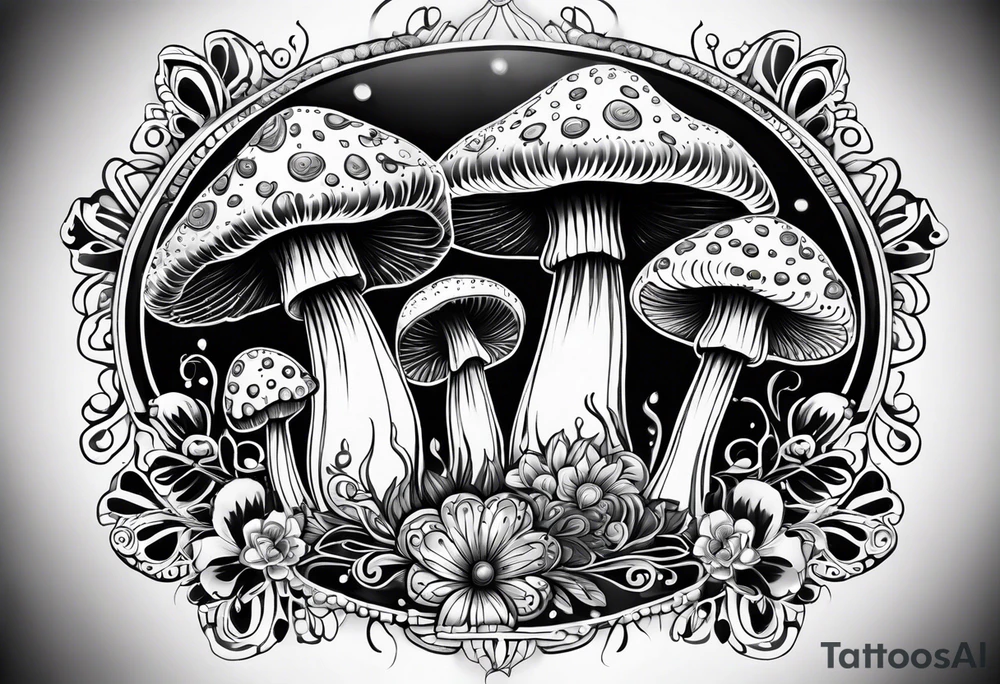 Large Shaggy cap mushroom dripping ink off cap with 4 smaller mushrooms around it mandala henna black tattoo design tattoo idea