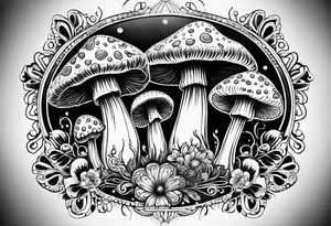 Large Shaggy cap mushroom dripping ink off cap with 4 smaller mushrooms around it mandala henna black tattoo design tattoo idea