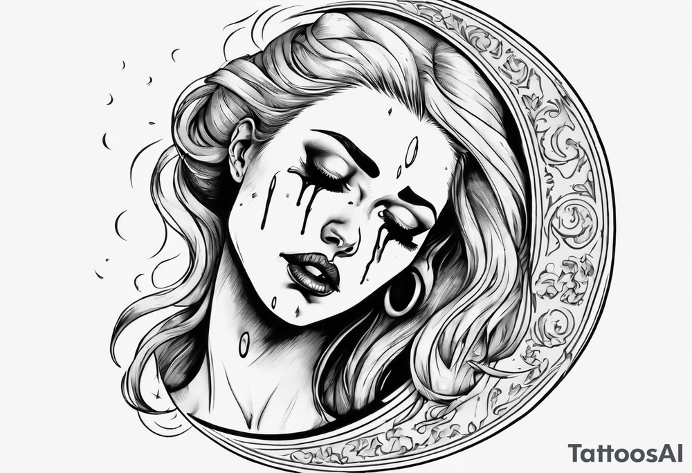 crescent moon with crying woman. she's crying tears of blood. her face is part of the moon tattoo idea