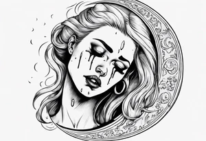 crescent moon with crying woman. she's crying tears of blood. her face is part of the moon tattoo idea